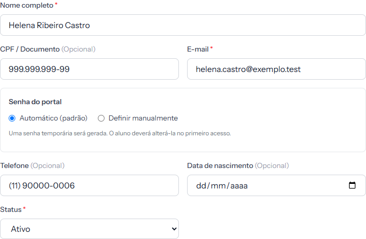 Fields at the top of the student form: full name, ID, email, and the portal password block
