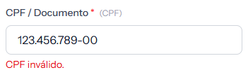 ID field filled with 123.456.789-00 and the message CPF inválido below it