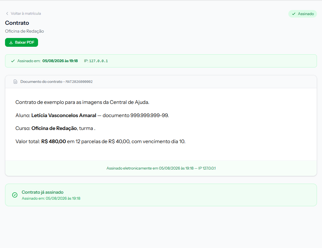 Signed contract, with the green strip showing date and IP and the signature footer