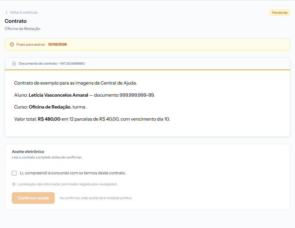 Contract screen in the portal, with the deadline, the document and the acceptance panel