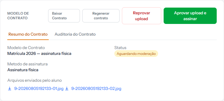 Contract panel with status, method and the files sent by the student