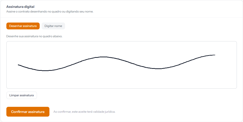 Digital signature panel with a drawn signature and the confirm button