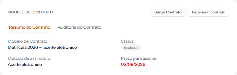 Contract panel on the enrolment, with status Expired and the deadline