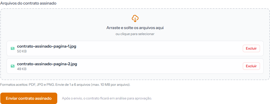 Upload area with two files chosen, showing size and a remove button