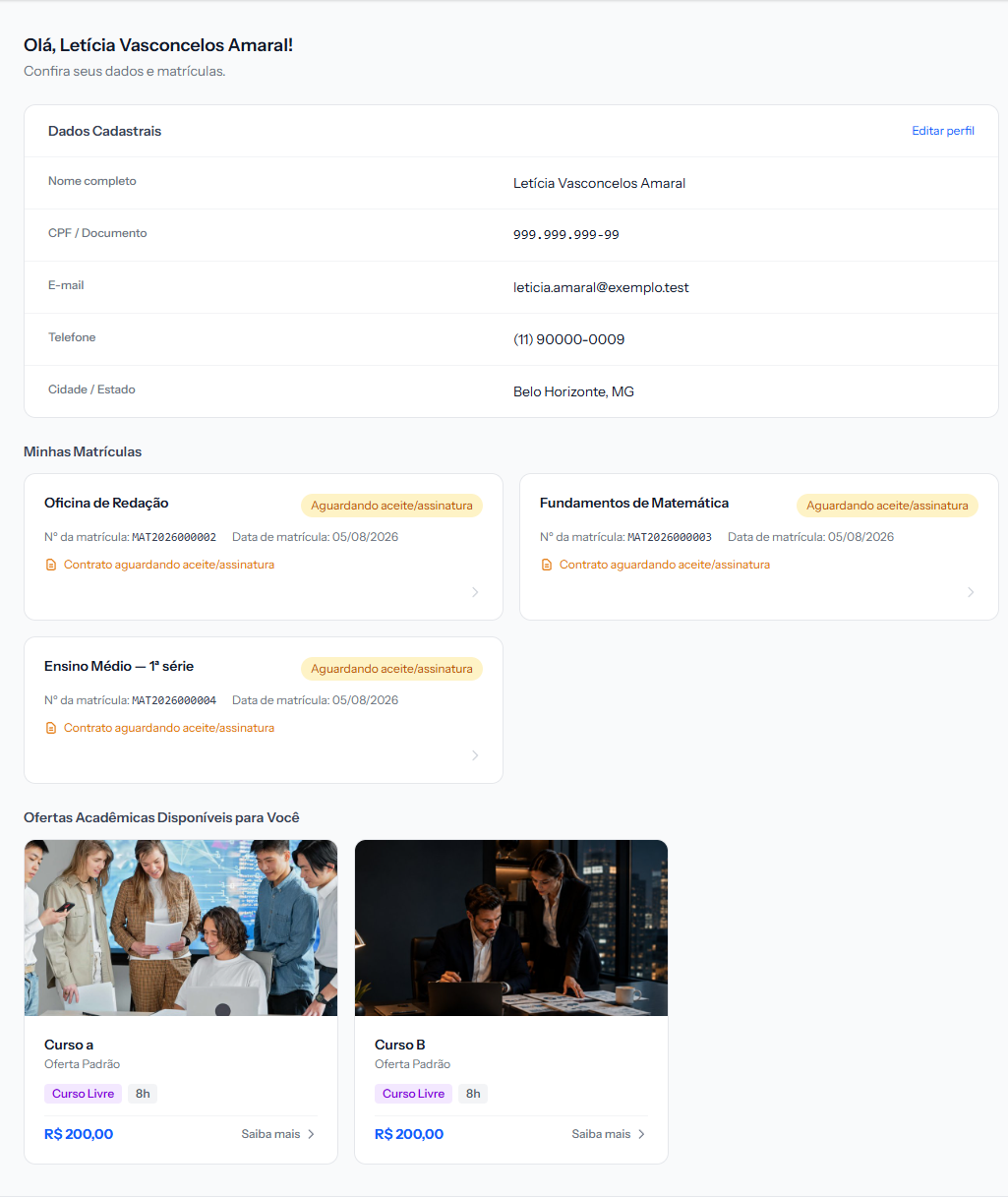 Student portal with three enrolments awaiting signature