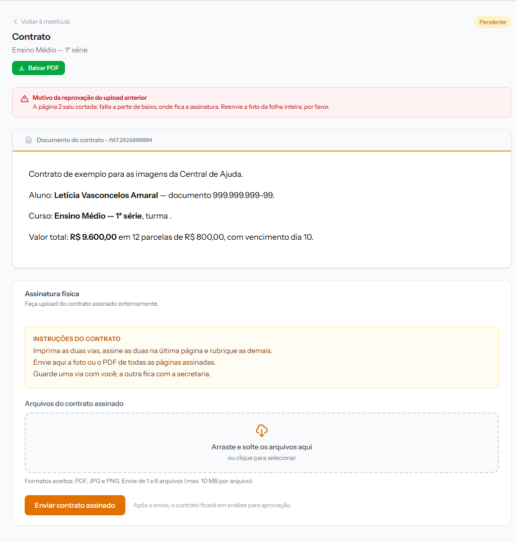 Student portal with the red notice showing the rejection reason