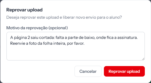 Rejection window with the reason filled in