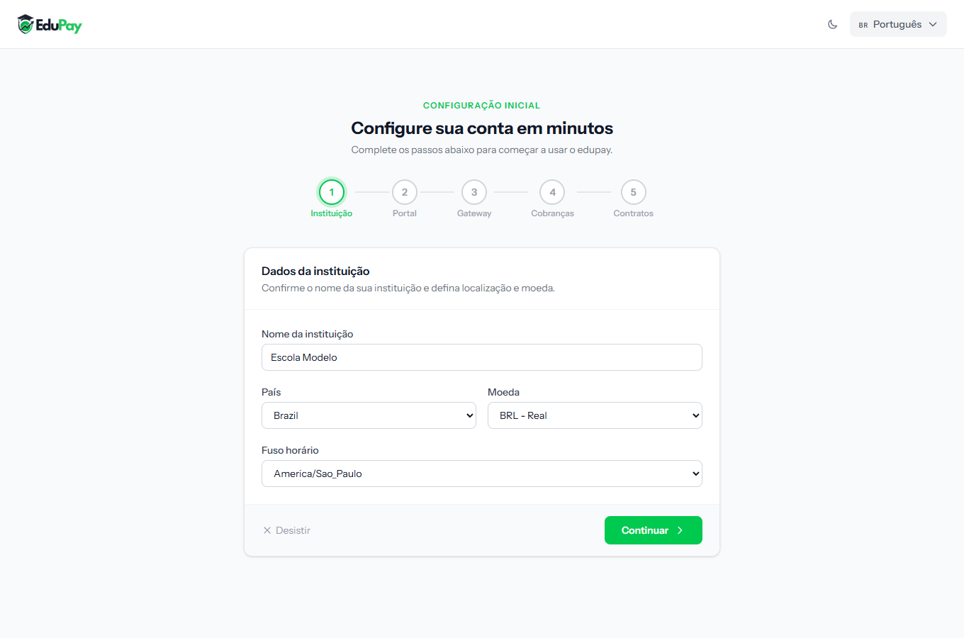 The initial setup wizard on step 1, with the five-step ruler at the top and the institution details form