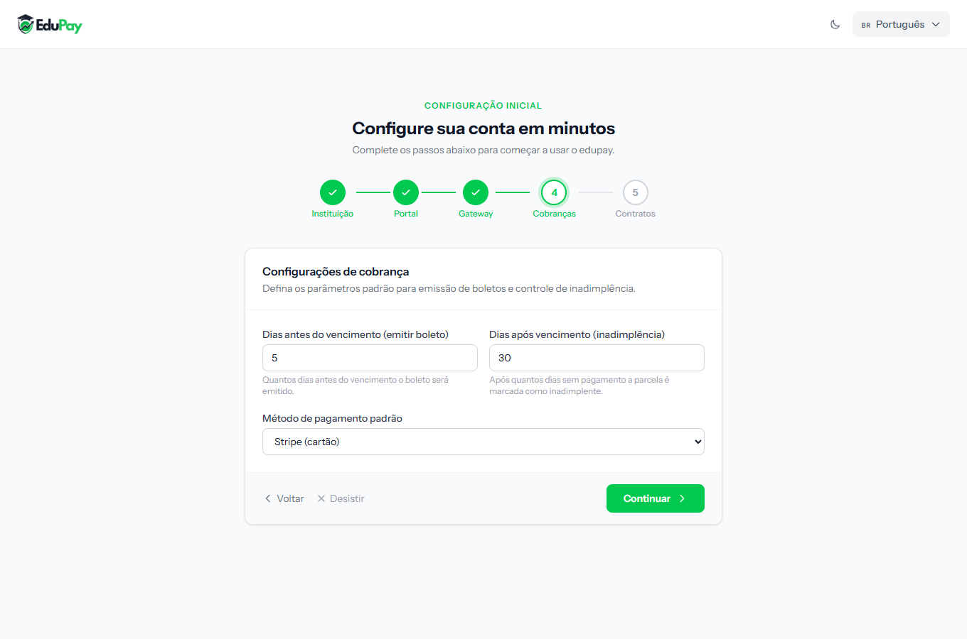 Step 4 of the wizard, with the days-before-due-date, days-after-due-date and default payment method fields