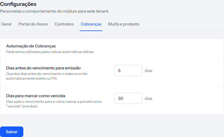 Settings screen with the five tabs and the Billing tab open