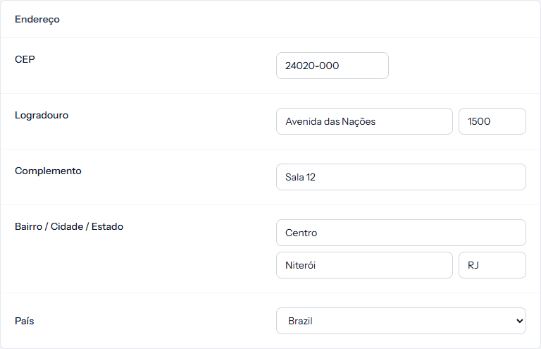 Address panel, with postcode, street, district, city, state and country