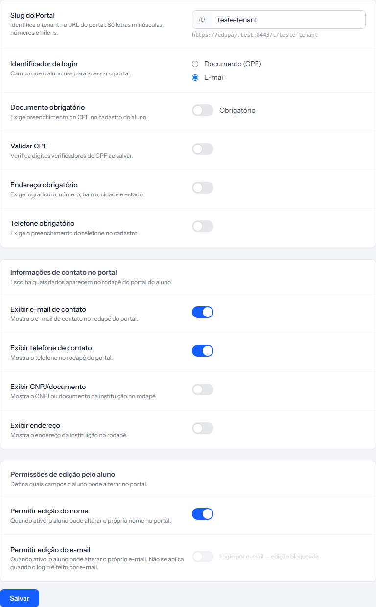 Student Portal tab with the address, the login identifier and the required fields