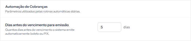 The Billing Automation block in settings, with the Days before due date to issue field