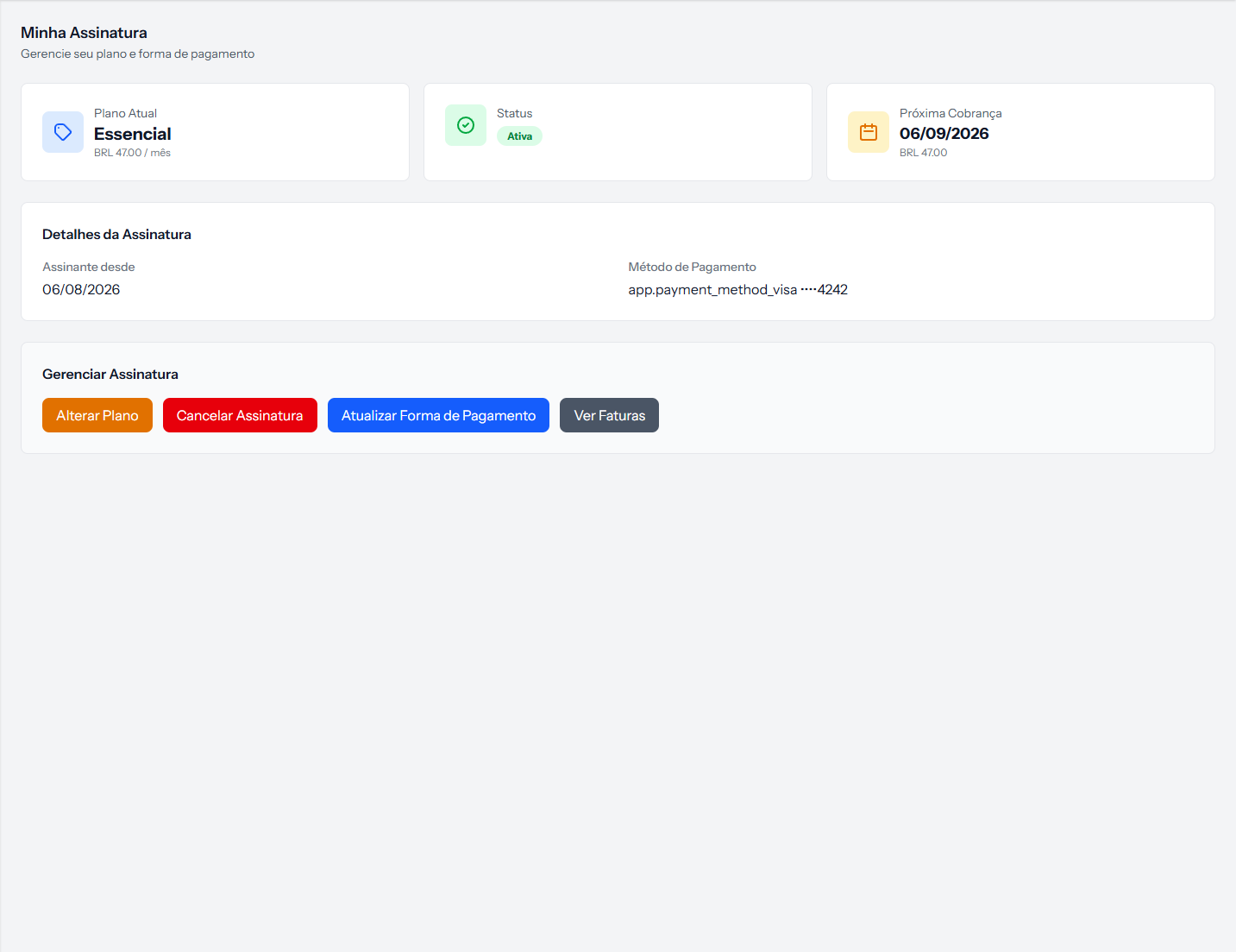 My Subscription screen with plan, status, next charge and the manage buttons