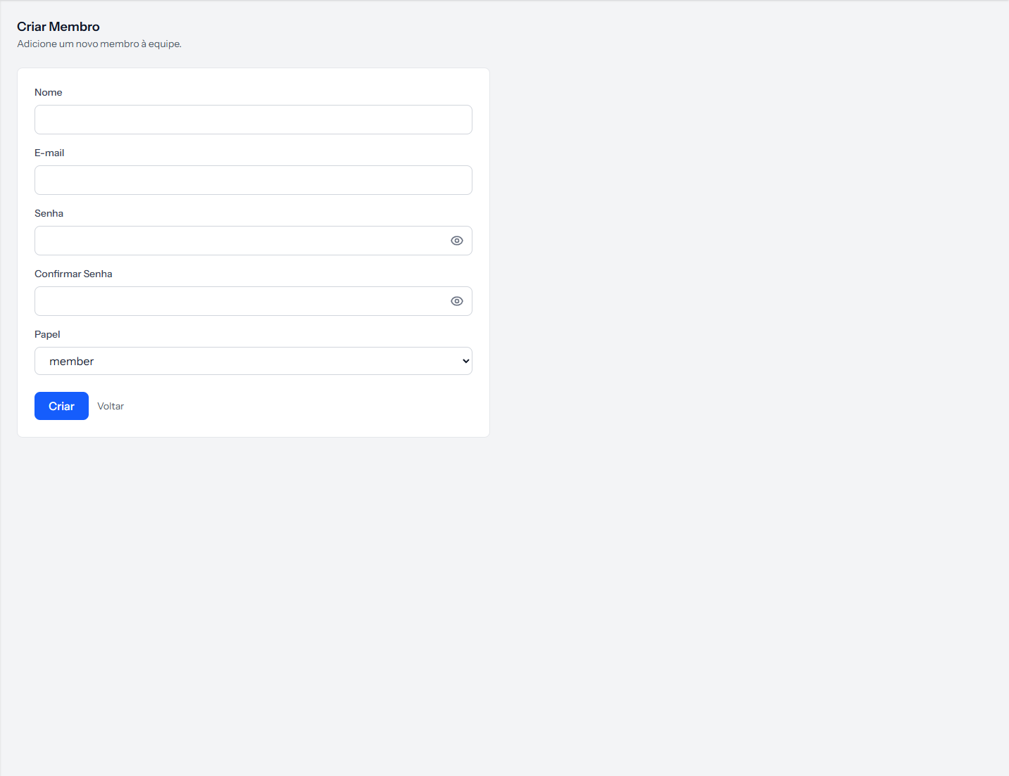 Create member form, with name, email, password and role