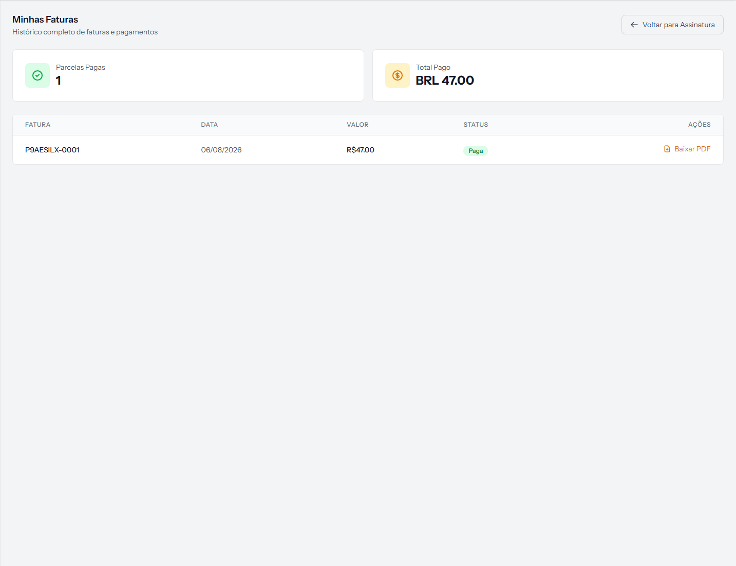 Invoices screen with the summary and the list