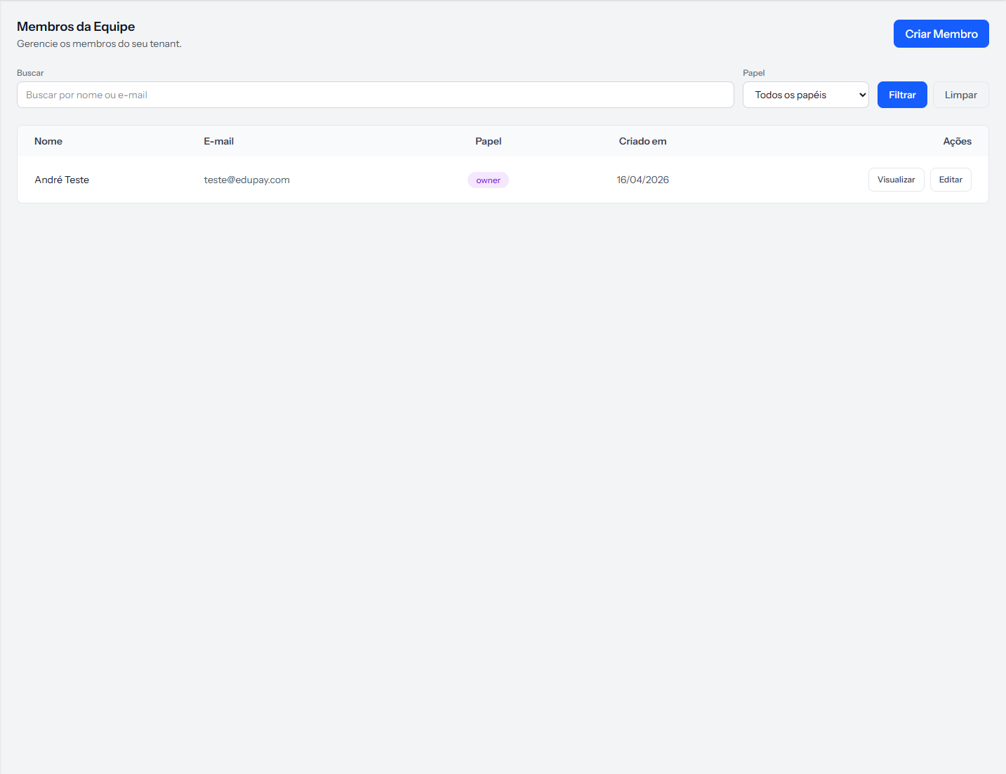 Members list with name, email, role and actions