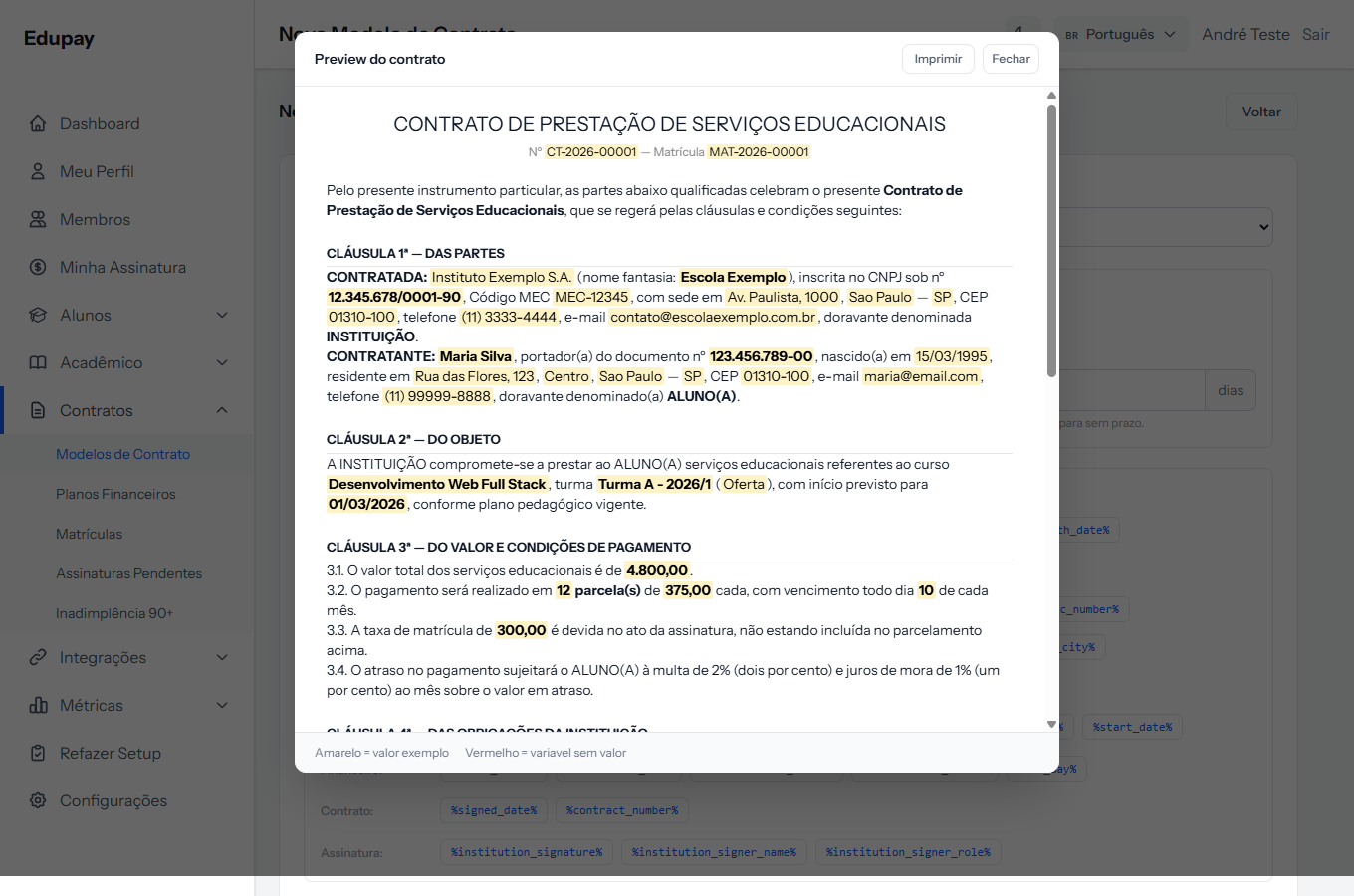 Contract preview window with the variables filled in and highlighted in yellow