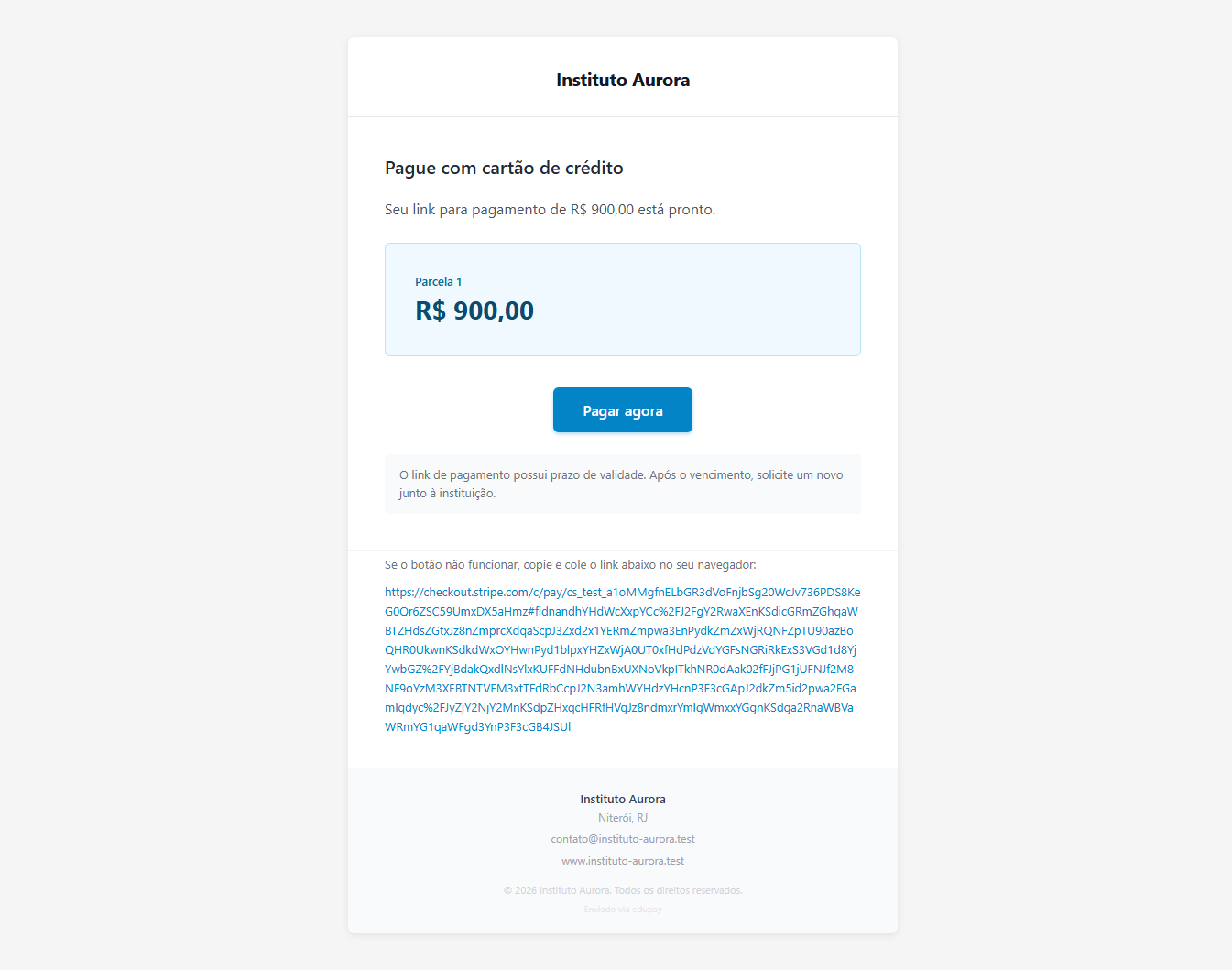 Card payment link email, with the installment amount, the Pay now button and the full link address right below it