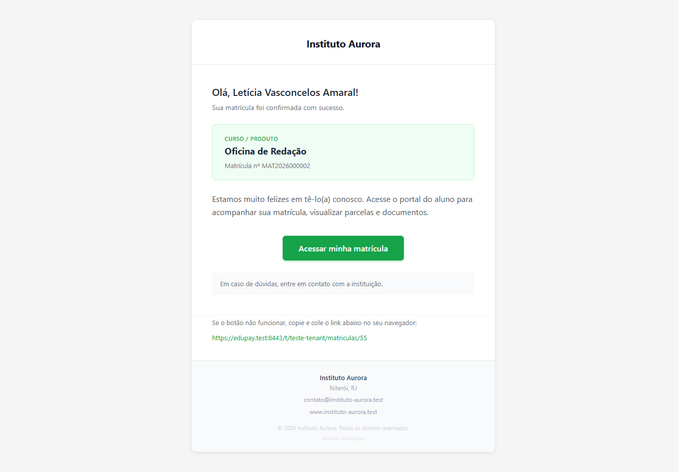 Enrolment confirmed email, with the course, the number and the access button