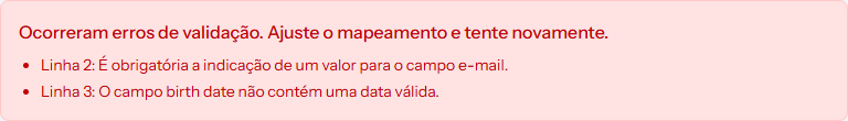 Red box with the validation errors notice and two errors, one on line 2 and one on line 3