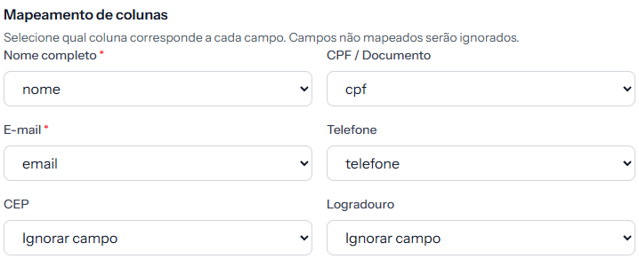 Column mapping, with Nome completo and E-mail starred and already filled in automatically