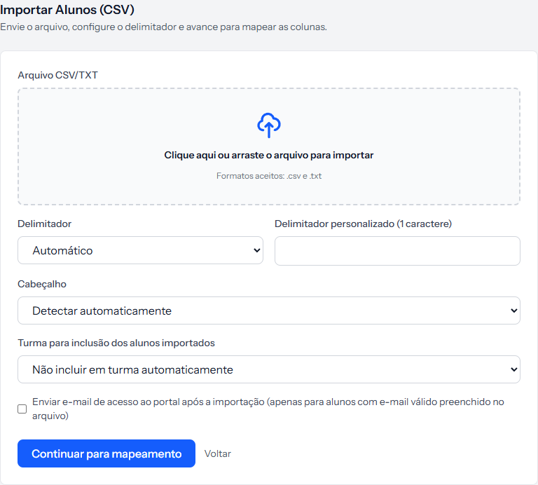 Upload screen, with the drop area, the Delimitador, Cabeçalho and Turma fields, and the Continuar para mapeamento button