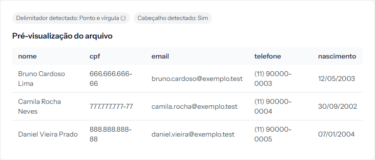 File preview showing five columns separated correctly