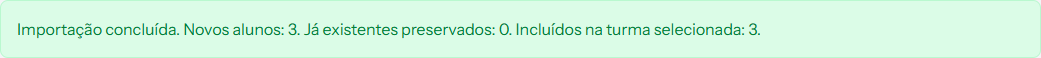 Green banner with the import summary: new students, existing records preserved and added to the cohort