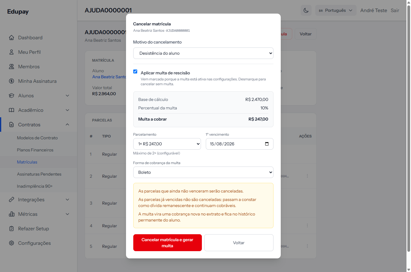 Cancellation window with reason, penalty and the warnings about the instalments