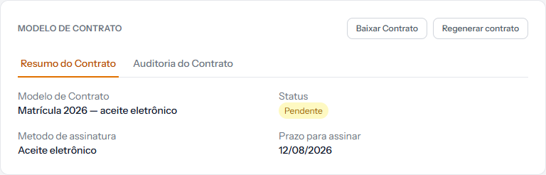 Contract block with status Pendente and no receipt button