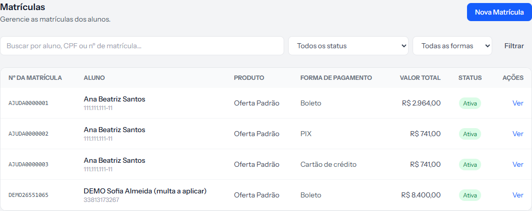 Enrolments list with the status column