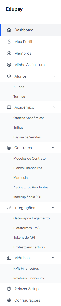 EduPay side menu with every group expanded, from Dashboard down to Settings