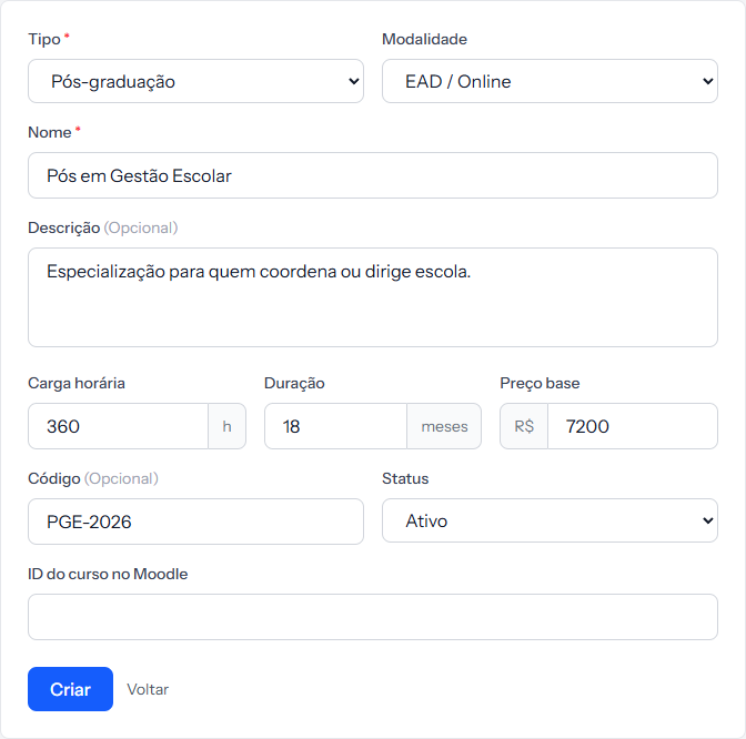 Offering form filled in, with type, modality, name, description, workload, duration, base price, code and status