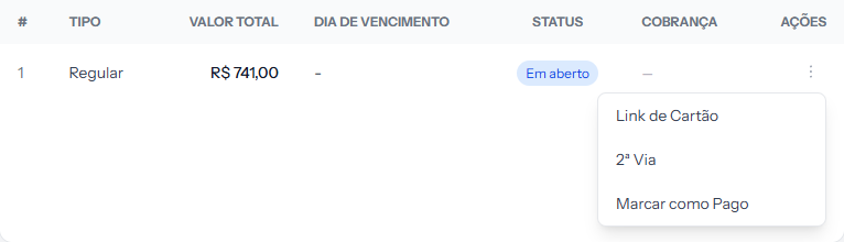 Card enrollment with a single installment for the full amount, no due date, and the menu open showing Card Link