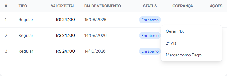 Actions menu open on an instant-transfer enrollment, showing Generate PIX, 2nd Copy and Mark as Paid
