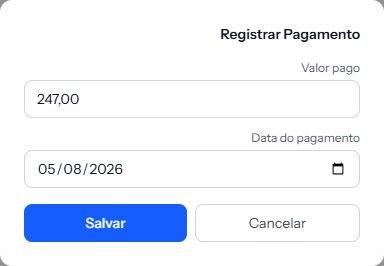 The Record Payment window, with the Amount paid field pre-filled with the installment's amount and the Payment date field pre-filled with today