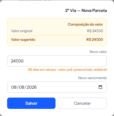The 2nd Copy — New Installment window, with the amount breakdown box, the New amount field filled in and the New due date field