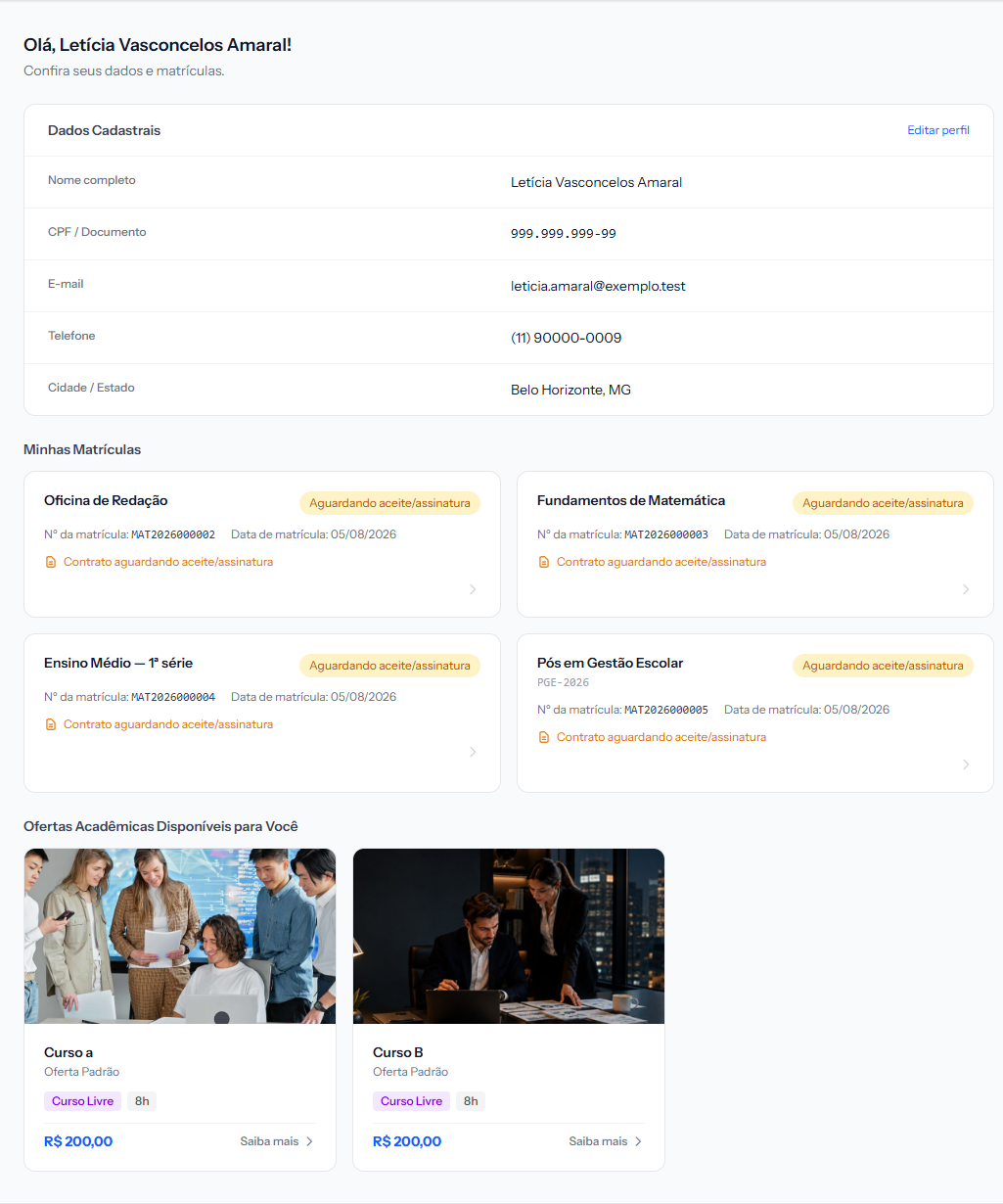 Student portal home, with personal details, enrolments and available offerings