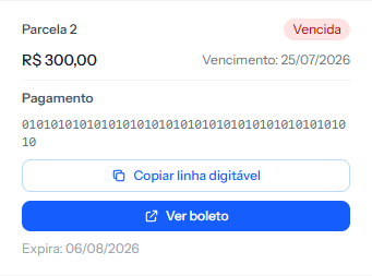 Card of the overdue installment in the portal on a phone, with the barcode, the copy button and the boleto link