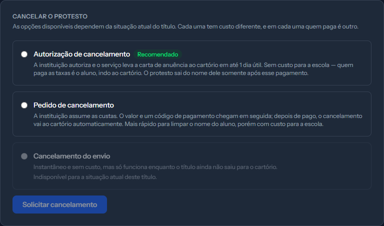 Cancel the protest block with the three options, two selectable and the third greyed out with an unavailable notice