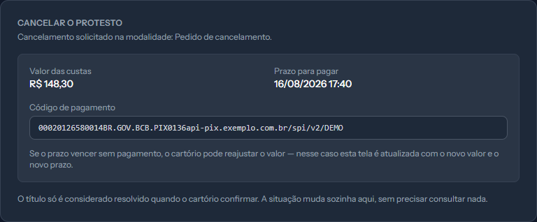 Cancellation block showing the fee amount, the payment deadline and the payment code ready to copy