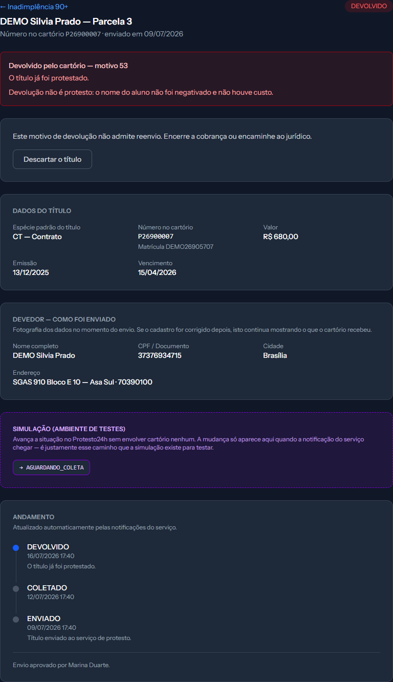 Red banner with the return reason and, below it, the line saying the reason does not allow resending, with the Discard the title button