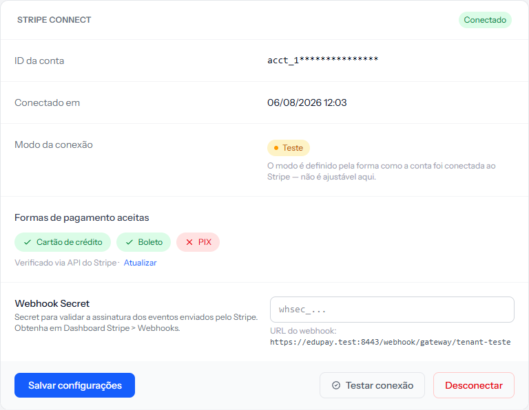Connection box once connected, with a masked account ID, the connection date, Test mode and the payment methods marked as accepted or not