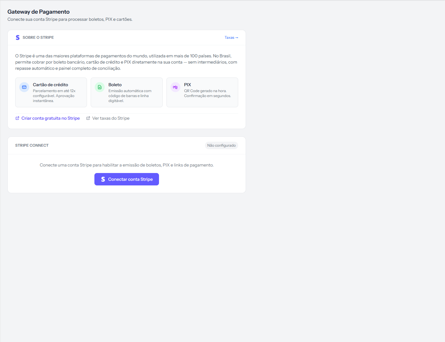 Receiving screen before the connection, with the Not configured badge and the Connect Stripe account button