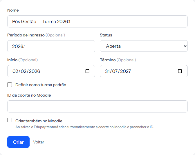 Cohort form with name, intake period, status, start date, end date and the Moodle options